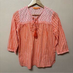 Oliphant Tassel Tie Geometric Print Lightweight Top Blouse Orange White Small